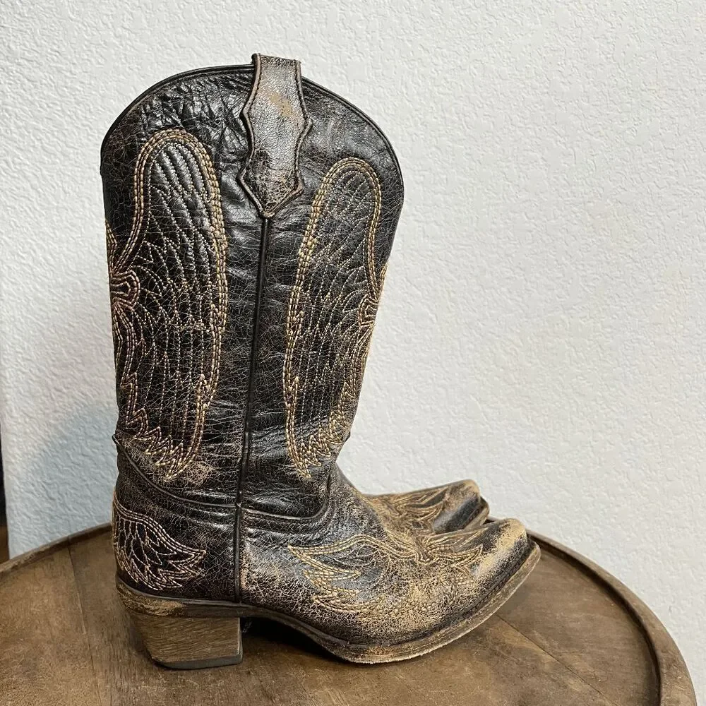 Corral Boots Teens Wing & Gross Brown Gold Western Cowboy Boots Youth Size 2